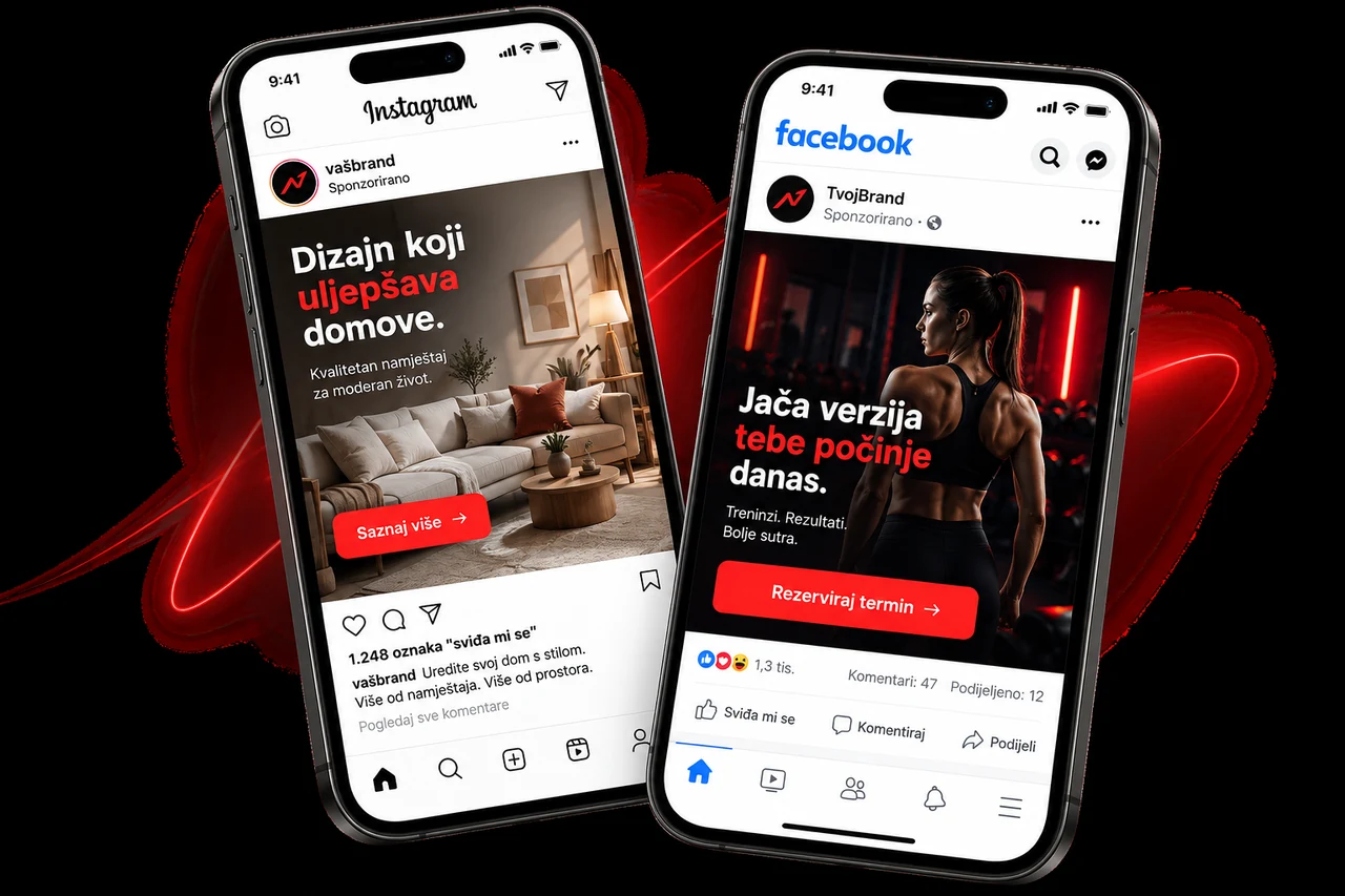 Two phones showing illustrative Facebook and Instagram advertisements